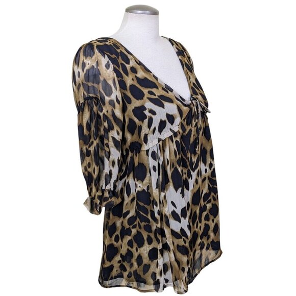 Vintage Y2K Babydoll Blouse Tunic Small Sheer Bishop Sleeve Leopard Lined Ruffle - Picture 3 of 6